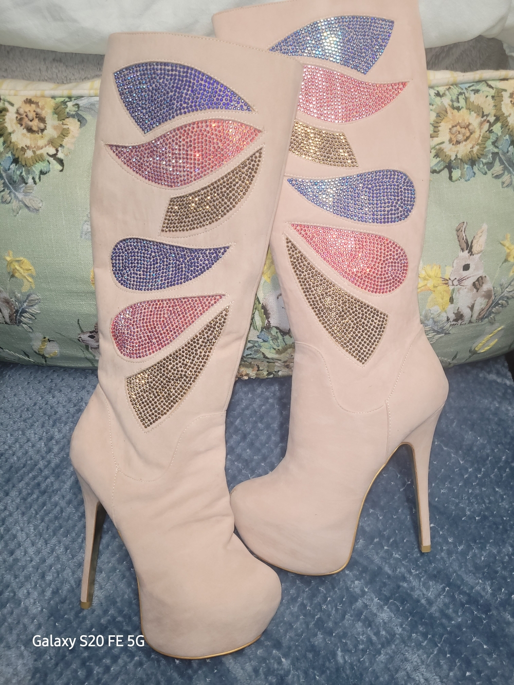 Knee-High Blush Pink Crystal-Accent Platform Stiletto Boots